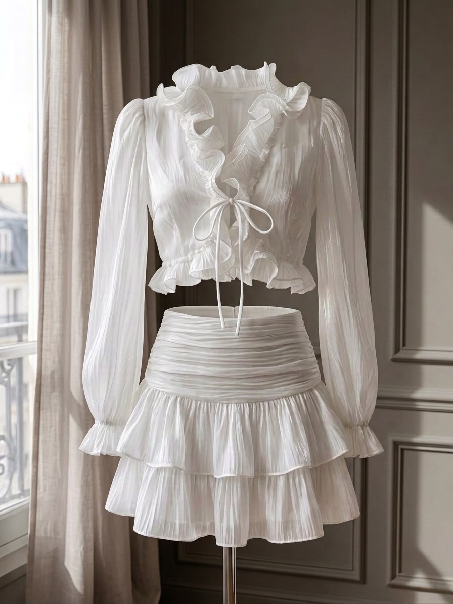 Completo Bohème bianco, blusa e gonna a balze - Atelier Vita