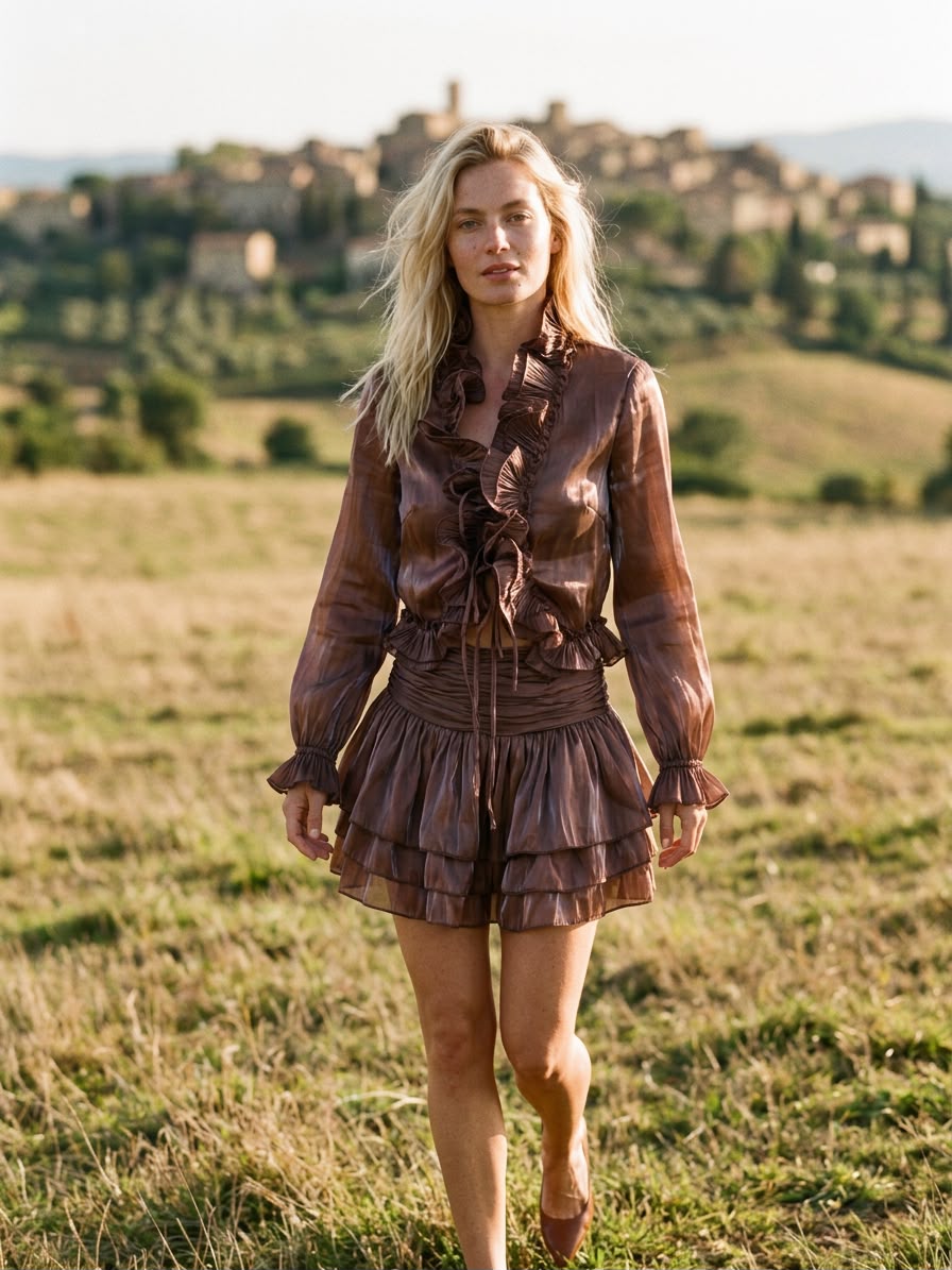 Completo Bohème marrone, blusa e gonna a balze - Atelier Vita
